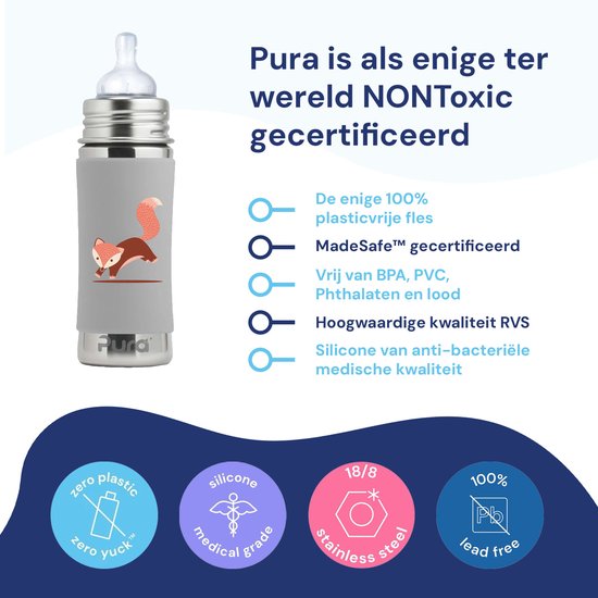 Pura Speenfles 325 ml - Plasticvrij - Drinkfles - Voorkomt Maagkrampen - Vaatwasserbestendig - Inclusief Siliconen Speen, Reisdop en Sleeve - Top is Verwisselbaar - Veelzijdig - Grijze Vos van Merkloos — afbeelding 3