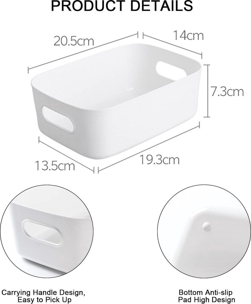 Opbergdozen, wit, 4 stuks, opbergmand en organizerdoos, kleine van kunststof, stapelbare opbergbox voor keuken, kledingkast en opslag, badkamer, 20 x 14 x 7 cm, wit