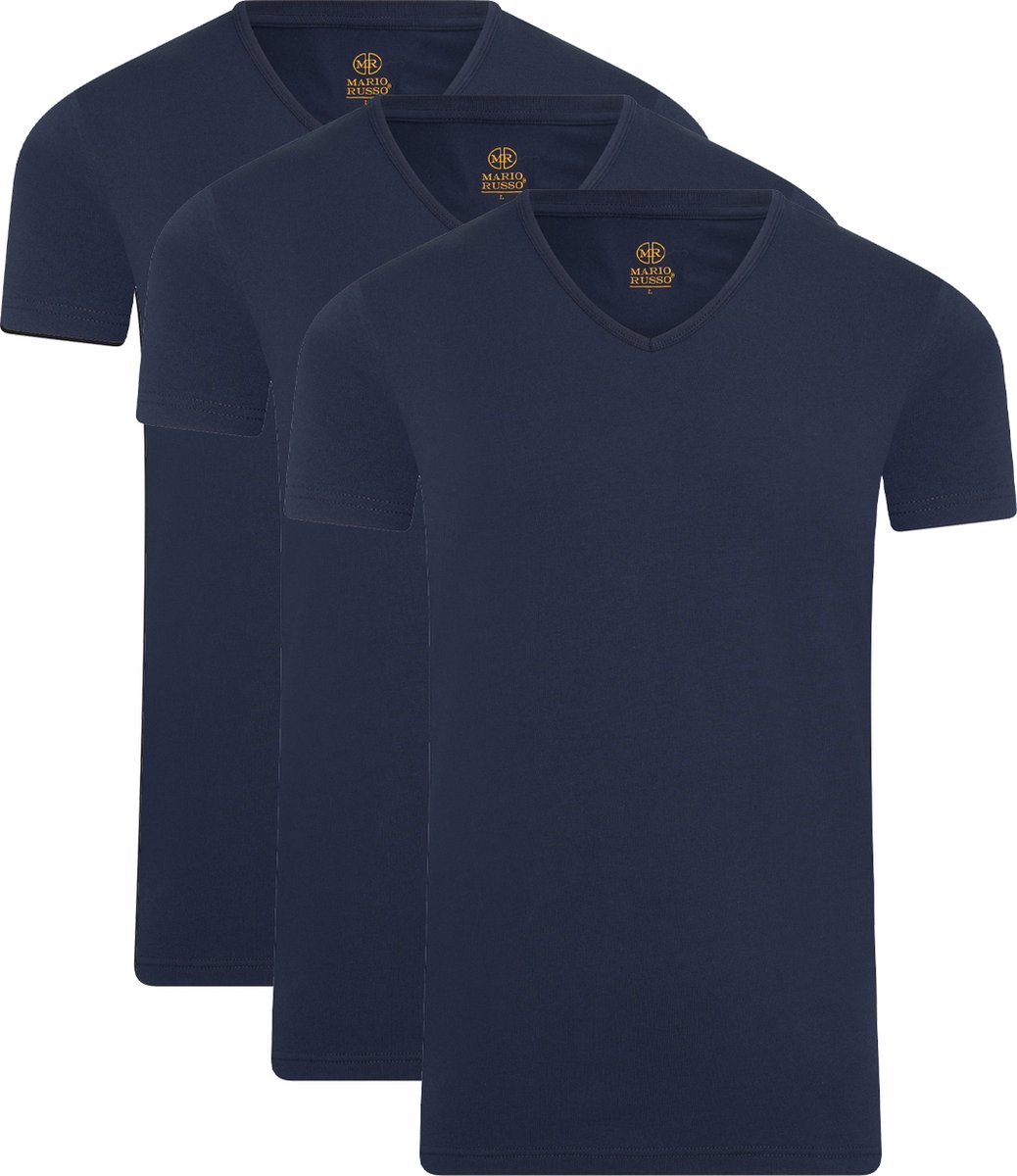 Mario Russo T-shirts - T-shirts Heren - Onder Shirts - Katoen - 3-pack - V-Hals - M - Navy