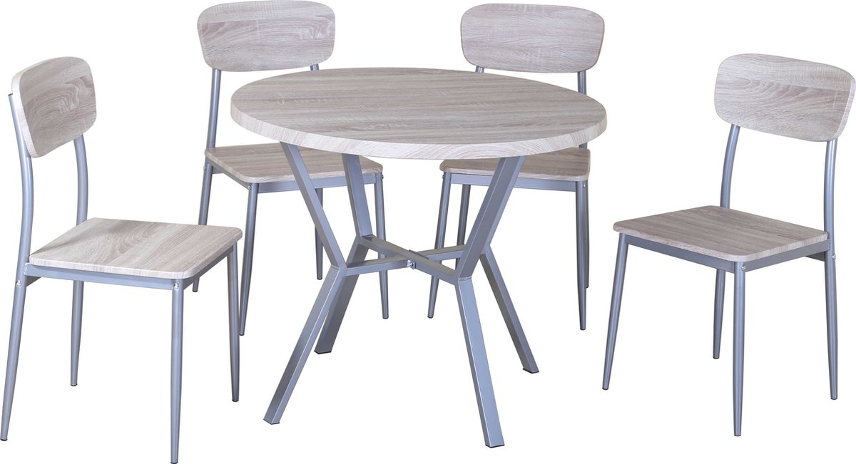 Tafelset Rouen, 4 Stoelen - Sonoma Eik Decor - Poldimar - Keukentafel - Bruin; Zilver - MDF; Staal
