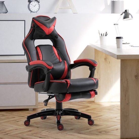 Gaming stoel bureaustoel swivel stoel chief fauteuil met voetsteun rugleuning rugleuning verstelbaar synthetisch leer rood+zwart 65x64x114-123,5 cm