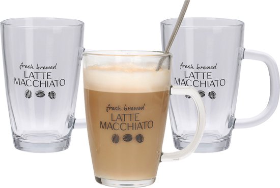 Set van 4x latte Macchiato glazen inclusief lepels 300 ml - Koffie glazen - Cappuccino glazen