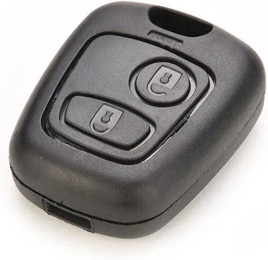 Gedetailleerde opname van de voorkant van een zwarte autosleutel behuizing met twee knoppen.