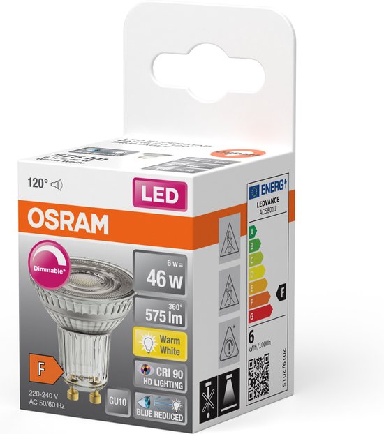 OSRAM Superstar dimbare LED lamp met bijzonder hoge kleurweergave (CRI9-), GU1-basis helder glas ,Warm wit (27-K), 575 Lumen, substituut voor 46W-verlichtingsmiddel dimbaar, 1-Pak