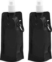 Drinkfles/bidon - 2x - zwart - navulbaar - opvouwbaar met haak - 400 ml - festival/outdoor