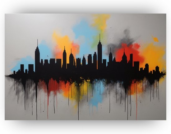 Skyline style Banksy - Peinture sur toile Banksy - Peinture sur toile Art Bansky - Décoration salon industriel - Peintures toile - Oeuvre - 90 x 60 cm 18mm