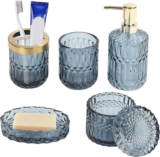 SHOP YOLO - badkamer set- 5 stuks glazen badkamer accessoires-moderne transparante badset- blauw