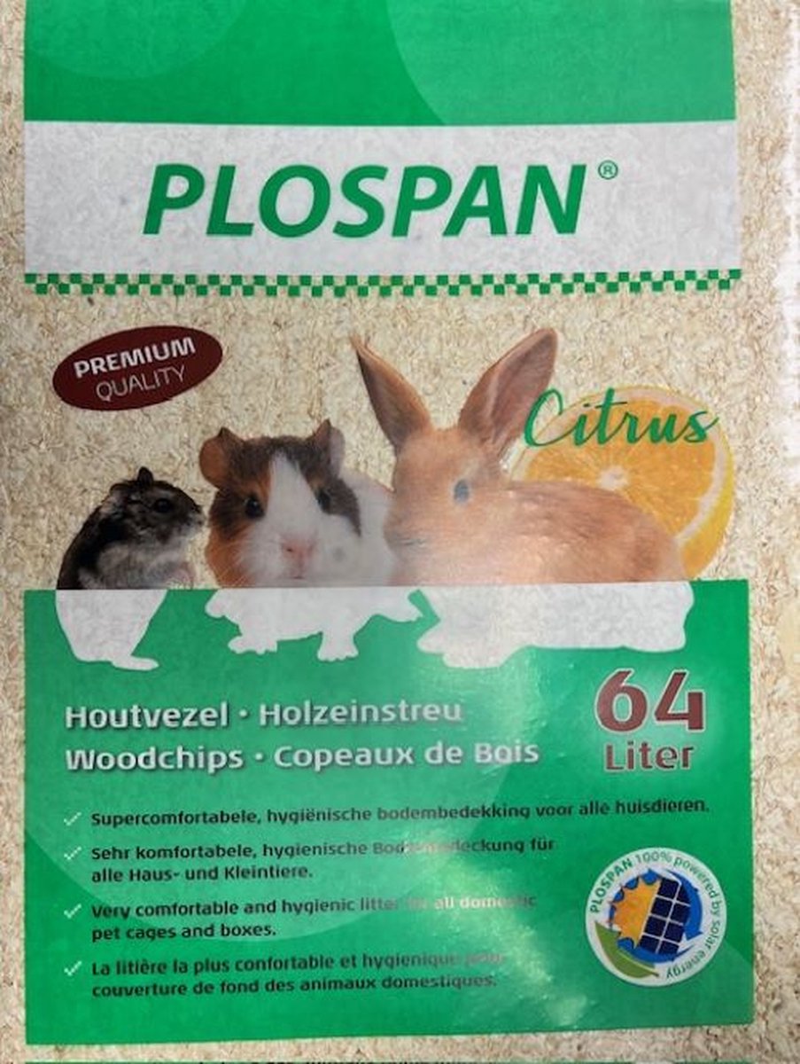 Plospan houtvezel met citrus - 64 Liter bodembekker knaagdieren - houtkrullen - stalstrooisel