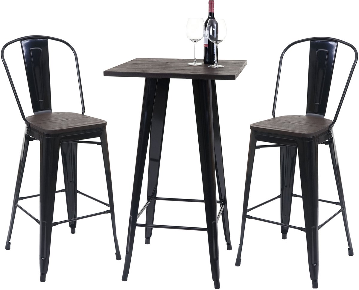 Cosmo Casa Statafel + 2x Barkruk - Inclusief houten tafelblad - Barkruk bartafel - Metaal industrieel ontwerp - Zwart
