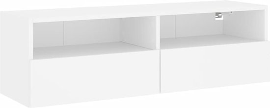 Meuble TV flottant blanc avec deux compartiments ouverts et deux tiroirs.