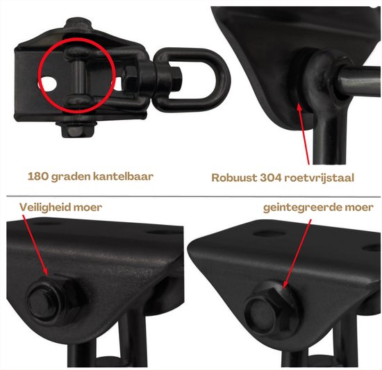 Zwarte metalen ophanghaak, 180 graden kantelbaar, met tekst: Robuust 304 roestvrijstaal, Veiligheid moer, geïntegreerde moer.