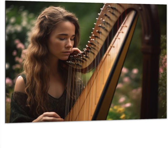 Dibond - Vrouw - Muziek - Harp - Instrument - Bloemen - 100x75 cm Foto op Aluminium (Met Ophangsysteem)