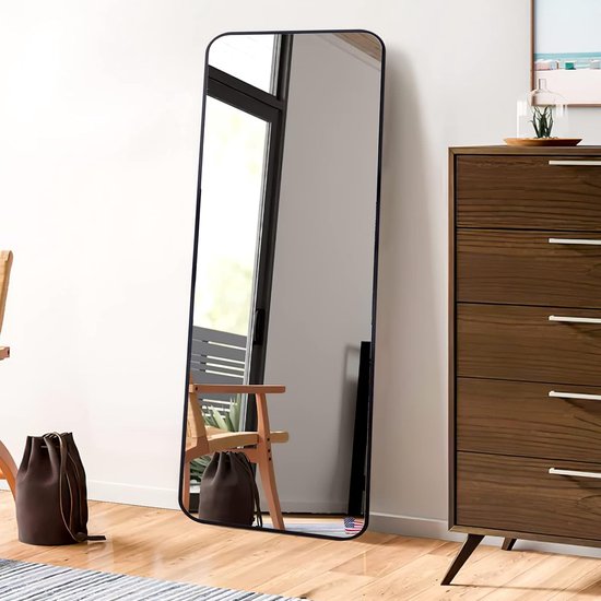 110 x 40 cm staande spiegel, full-body spiegel - ronde hoek met zwart frame, vrijstaande of hangende spiegel, kleedspiegel, slaapkamer, woonkamer - 1 verpakking