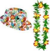 Carnaval verkleed set - Tropische Hawaii party - Multi colour print hoedje - bloemenslinger groen/geel - volwassenen