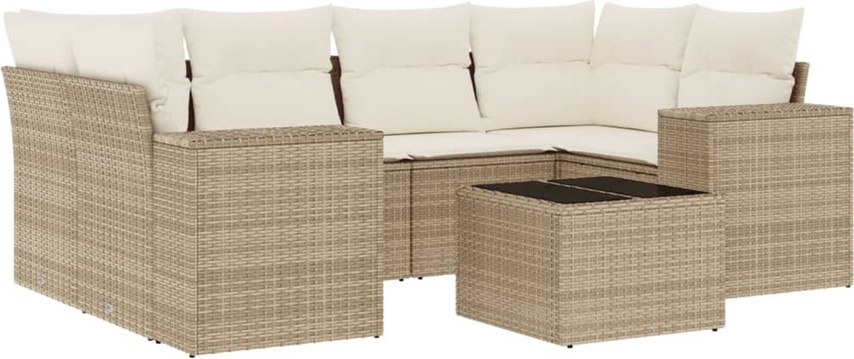 vidaXL 7-delige - Loungeset - met - kussens - poly - rattan - beige