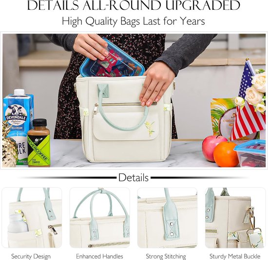 Deluxe lunchtas voor vrouwen - lekvrije geïsoleerde koeltas geweldig cadeau voor vrouwen waterdichte meervoudige tas lunchtas met afneembare riem voor het werk / picknick, populier van Deluxe — afbeelding 4