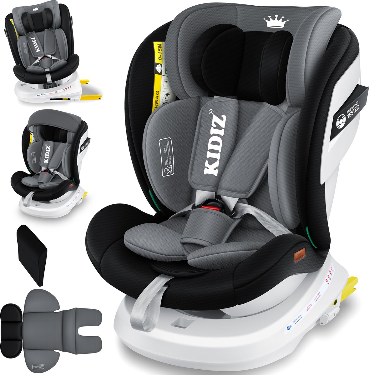 KIDIZ® Autostoeltje / Babyautostoeltje Isofix Top Tether 360° draaibaar Groep 0/1/2/3 vanaf de geboorte 0-36kg Met zonnekap Zijbescherming 5-puntsgordel Hoofdsteun Verstelling ECE R 129/03 - Zwart