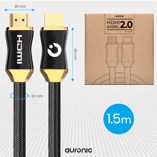 Zwarte HDMI-kabel met gouden connectoren, 1.5m lengte en interne draden.