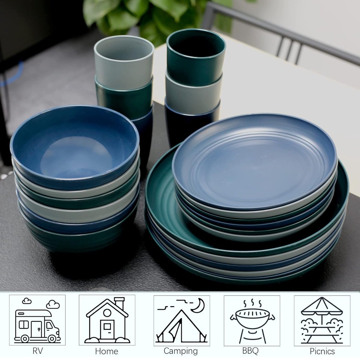 BPA-vrij Outdoor Servies YEEBECA 67-delige Campingserviesset, Voor 6 Personen, BPA-vrij, De 67 Delige Serviesset 6 Personen Onbreekbaar Picknick Servies