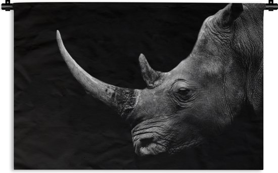 Wandkleed - Wanddoek - Neushoorn - Dieren - Zwart - Wit - Portret - 60x40 cm - Wandtapijt