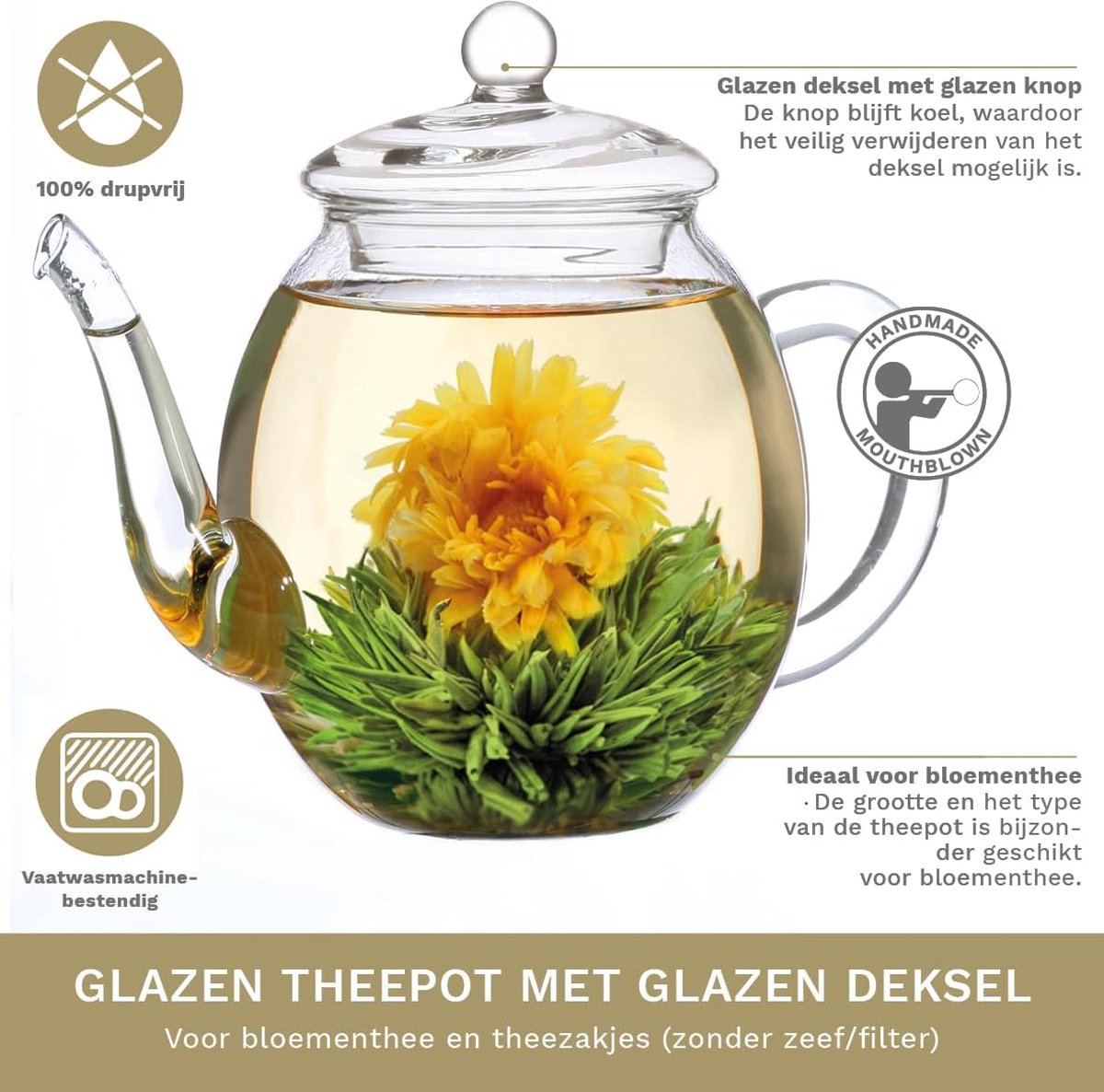 Creano theepot met zeefinzet uit glas 1,6l - Glazen theepot met roestvrijstalen zeef en deksel - Ideaal voor het zetten van losse thee - druppelvrij