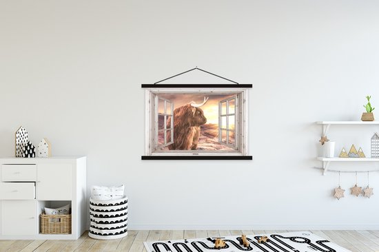 Porte-affiche avec affiche - Affiche scolaire - Highlander écossais - Vue à travers - Coucher de soleil - 150x100 cm - Lattes noires