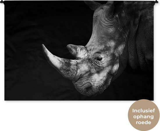 Tapisserie Animaux - Portrait d'un rhinocéros sur fond noir Tapisserie en coton 180x120 cm - Tapisserie avec photo XXL / Groot format!