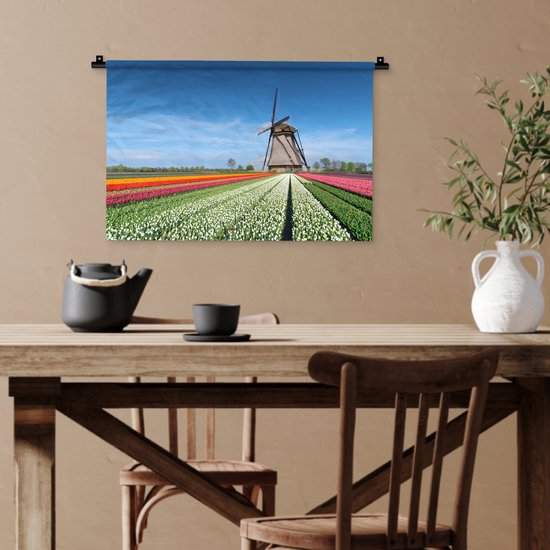 Tenture murale Paysages Nederland - Moulin à vent entre les tulipes aux Nederland Tapisserie coton 60x40 cm - Tapisserie murale avec photo