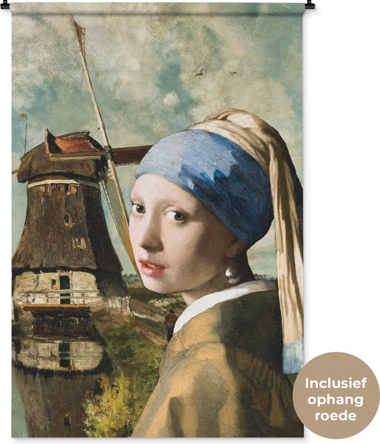 Wandkleed - Wanddoek - Meisje met de parel - Johannes Vermeer - Molen - 120x180 cm - Wandtapijt