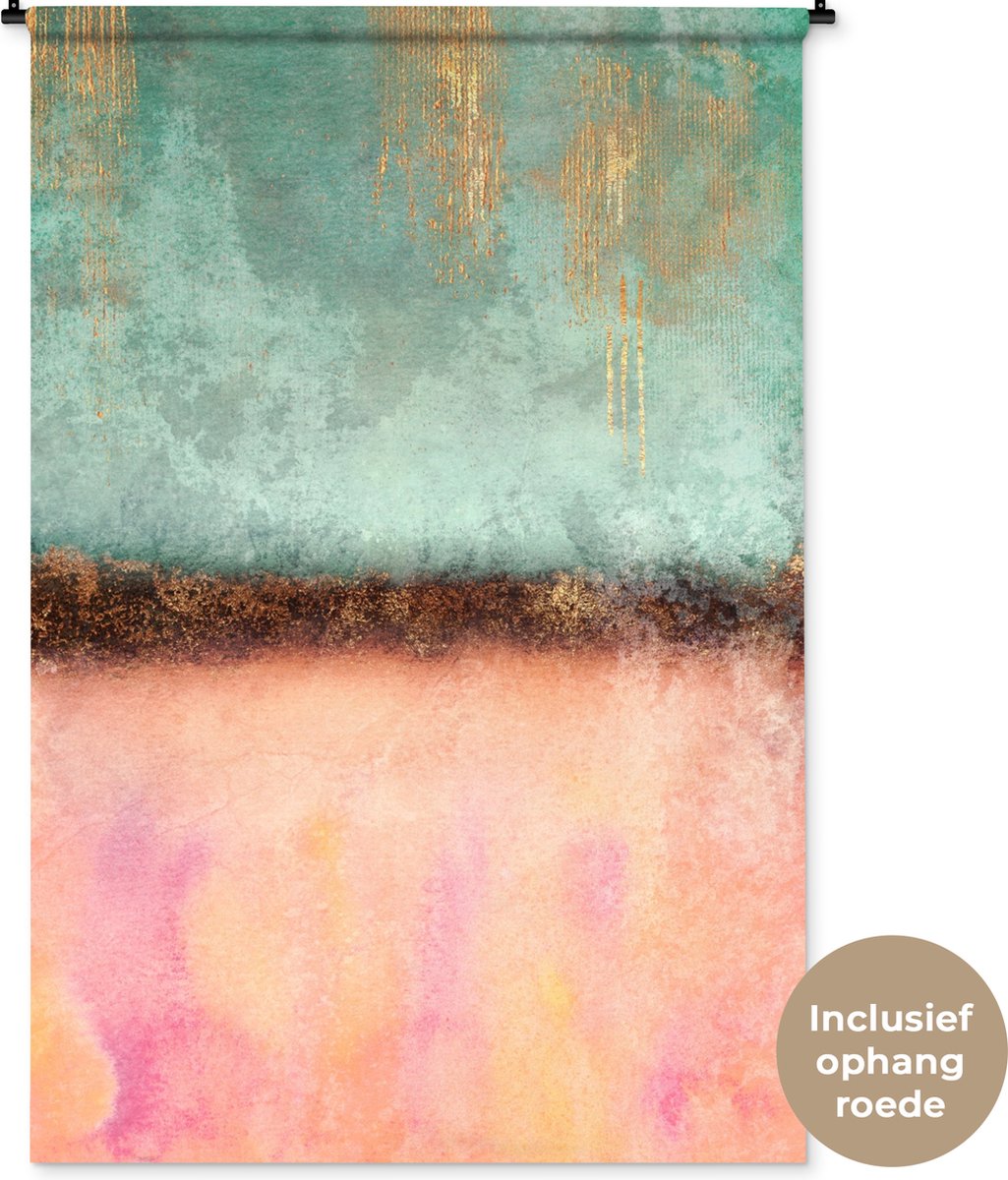 Wandkleed - Wanddoek - Goud - Verf - Abstract - Groen - Roze - 120x180 cm - Wandtapijt