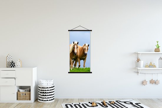 Posterhanger incl. Poster 60x120 cm - Schoolplaat - Paarden - Gras - Lucht - Textielposter - Zwarte latten