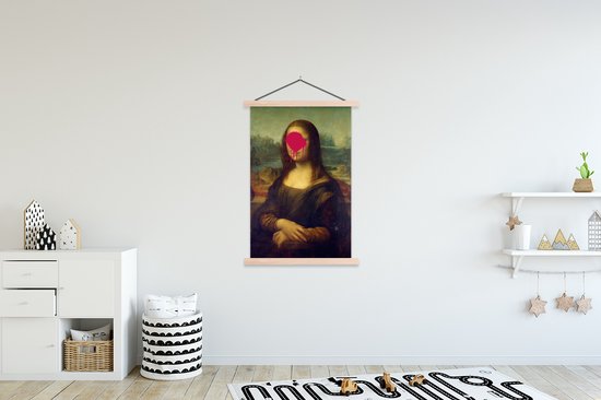 Posterhanger incl. Poster - Schoolplaat - Mona Lisa - Leonardo da Vinci - Roze - 120x180 cm - Blanke latten - TextilePosters