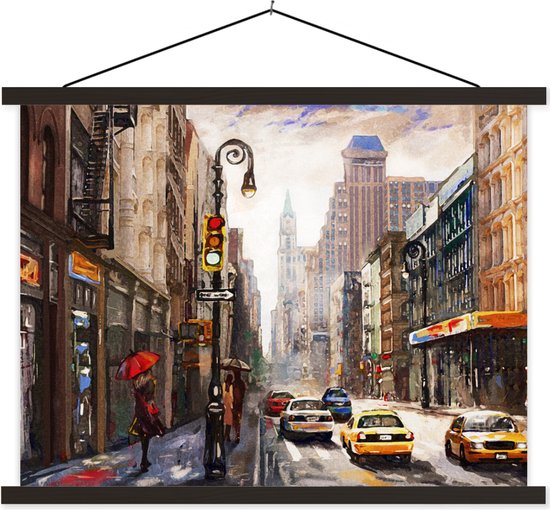 Porte-affiche avec affiche - Affiche scolaire - Peinture - Ville - Voiture - Peinture à l'huile - 40x30 cm - Lattes noires