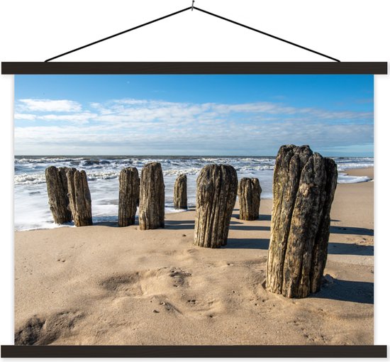 Porte-affiche avec affiche - Affiche scolaire - Sable - Plage - Poteau - Water - Été - 40x30 cm - Lattes noires