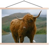Posterhanger incl. Poster 40x30 cm - Schoolplaat - Schotse Hooglander - Berg - Weg - Textielposter - Blanke latten