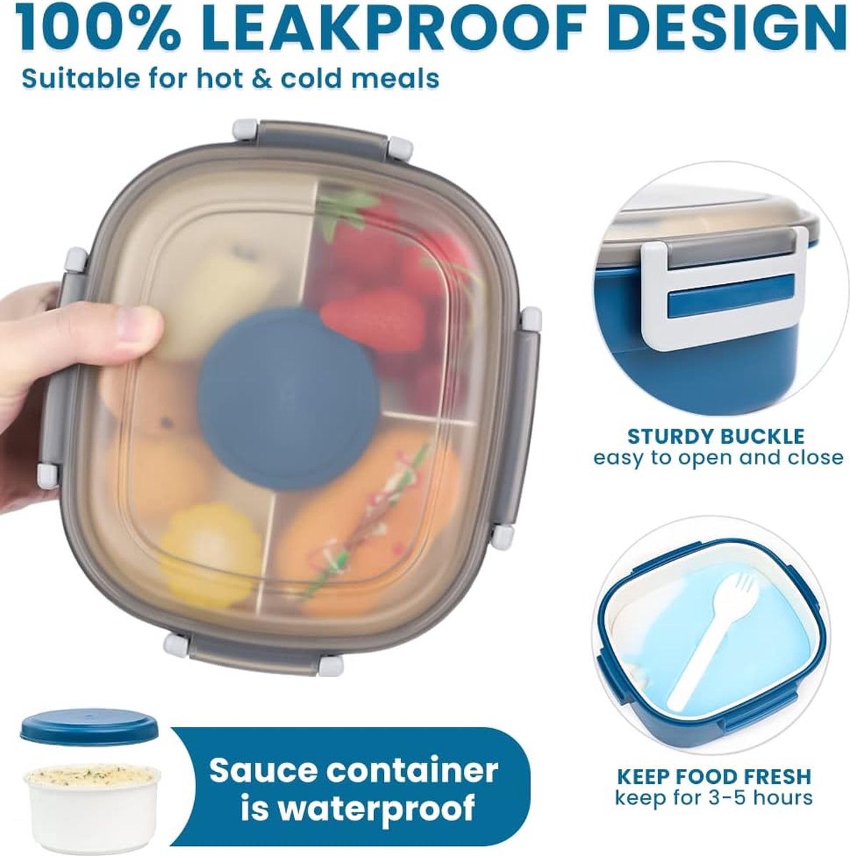 Lunchbox met Compartimenten 1600ML Lunchbox voor kinderen Volwassenen Saladecontainer Saladebox to go Lekvrije Bentobox Snackbox met 4 Compartimenten Slakom voor Schoolkantoor