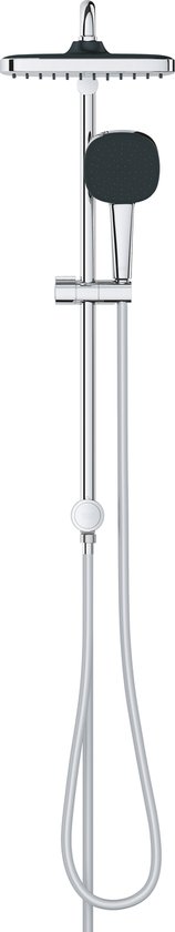 Ensemble de douche GROHE chromé avec douche principale carrée, douchette et barre de douche.