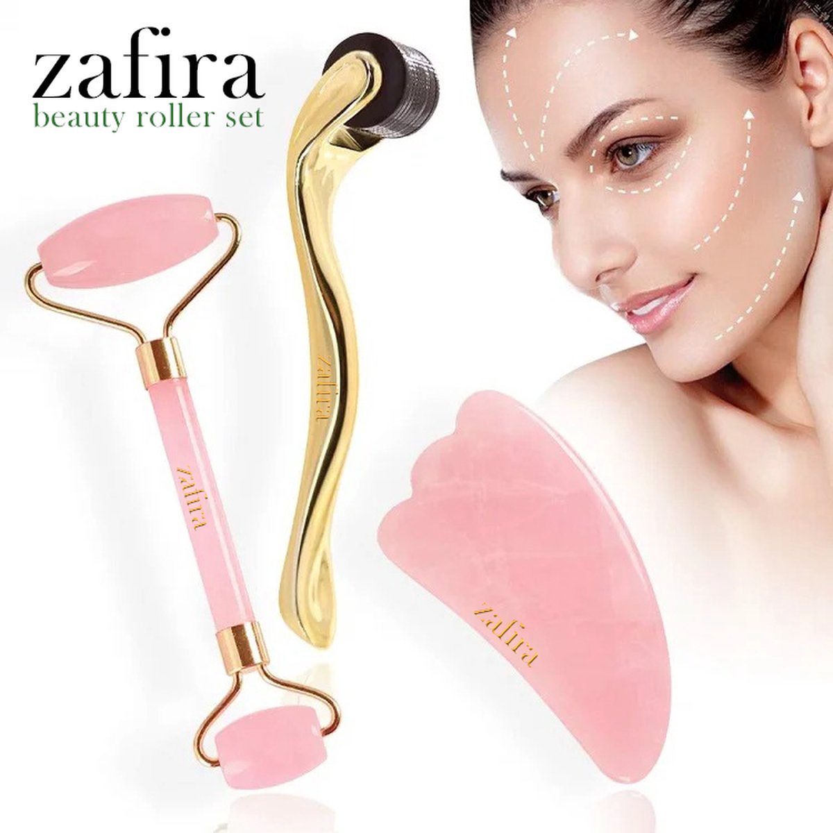 Zafira Rozenkwarts Beauty Roller Set – Jade Roller – Derma Roller – Gua Sha Schraper – Massage rollers