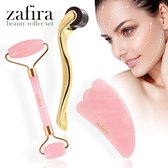 Zafira Rozenkwarts Beauty Roller Set – Jade Roller – Derma Roller – Gua Sha Schraper – Geschenkset