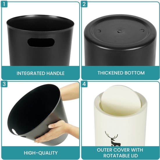 Belle Vous Petite Poubelle Deer White - Poubelle/Poubelle en Plastique 12L avec Can Rabattable - Conteneur Poubelle/Recyclage pour Home, Kitchen, Chambre ou Office