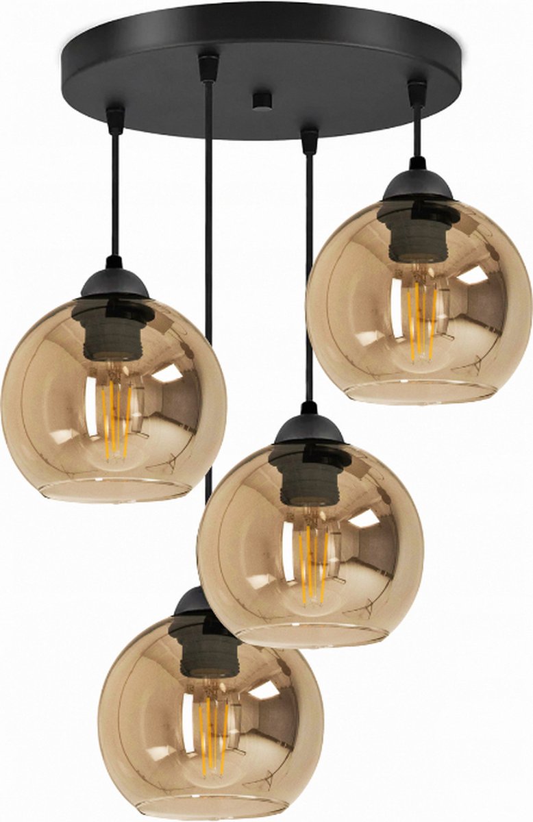 Hanglamp Industrieel voor Eetkamer Slaapkamer Woonkamer - Glass Serie - Bollamp 4-lichts excl. lichtbron - Amber - 4 Bol