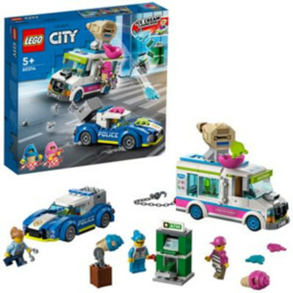 LEGO® City IJswagen politieachtervolging 60314 bouwset voor kinderen vanaf 5 jaar; met een ijswagen met kledderschieter, een onderscheppingsvoertuig van de politie, een geldautomaat en 2 personages uit de LEGO City tv-serie (317 onderdelen) — afbeelding 7