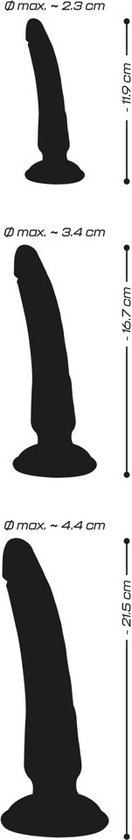 Silhouetten van drie dildo's met afmetingen.
