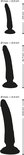 Silhouetten van drie dildo's met afmetingen.