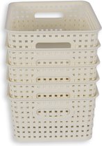 Set van 5 Rechthoek Opbergboxen voor de Woonkamer |Witte Kunststof Woonartikelen met Rattan Look | 25,5cm x 19,5cm x 10,5cm