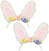 Fiestas Verkleed diadeem paashaas/bunny oren - 2x - wit bloemen- meisjes/dames - Carnaval