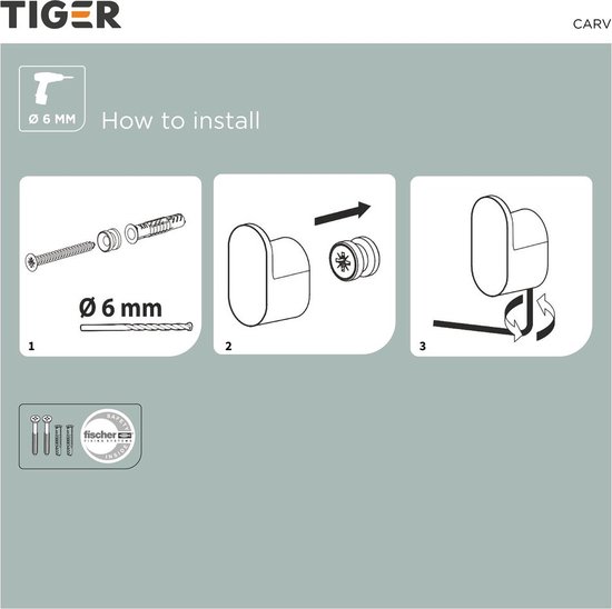 Installatie-instructies voor een Tiger Carv product met een boordiameter van 6 mm, inclusief schroeven en pluggen.