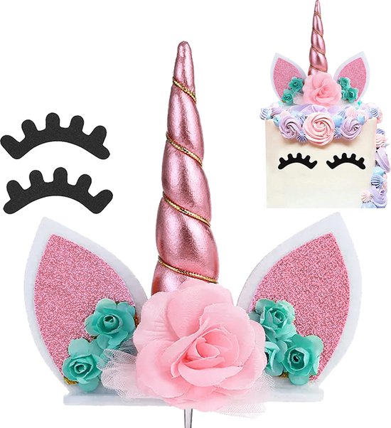 Unicorn Taartdecoratie - Roze, Blauw & Goud - Taarttopper - Taartversiering - Paarden Spullen Cadeaus - Cake Topper - Taartdecoratie Bloemen