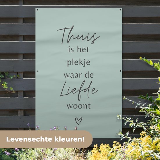 Affiche de jardin 120x180 cm - Décoration de jardin - Citation - Maison - Amour - Blauw - Texte - Coeur - Affiche pour le jardin - Décoration extérieure - Peinture de jardin de clôture - Décoration murale - Toile de jardin - Affiche extérieure