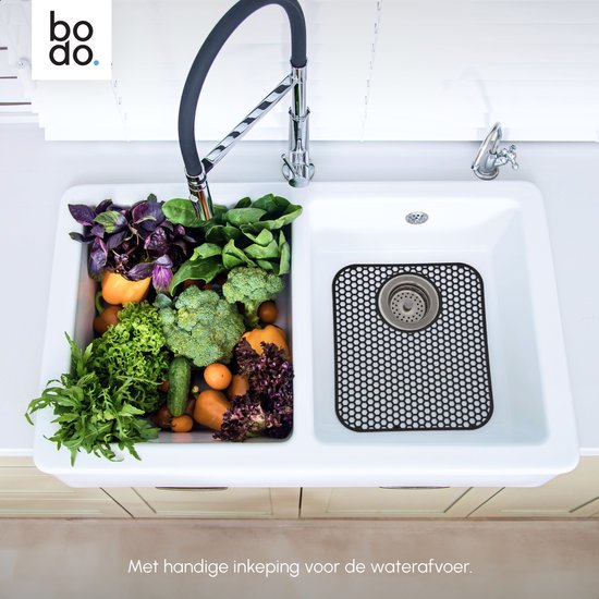 Bodo® Tapis d'évier en Siliconen Zwart avec trou - 34 x 29 cm - Accessoires de vêtements pour bébé de Cuisine - Protecteur d'évier - Sous-verres en Siliconen - Anti-rayures - Accessoires de vêtements pour bébé d'évier